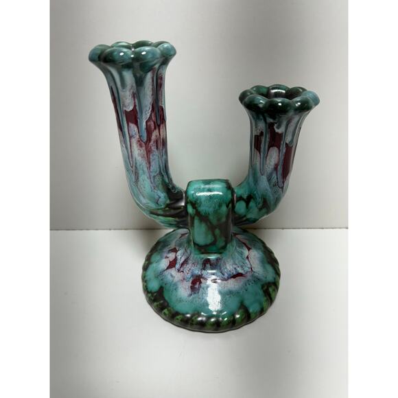 Vintage Ceramic Tourmalines Candalabra Longwy France Numbered 3319 Teal - Picture 1 of 7